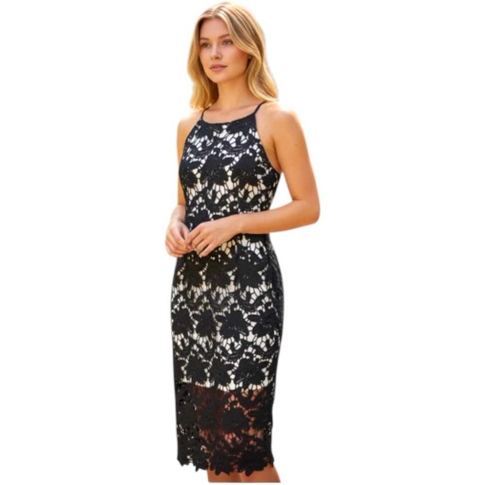 L’affaire Elegant Navy Lace Midi Dress Sz L Sleeveless Fitted Back Slit Events